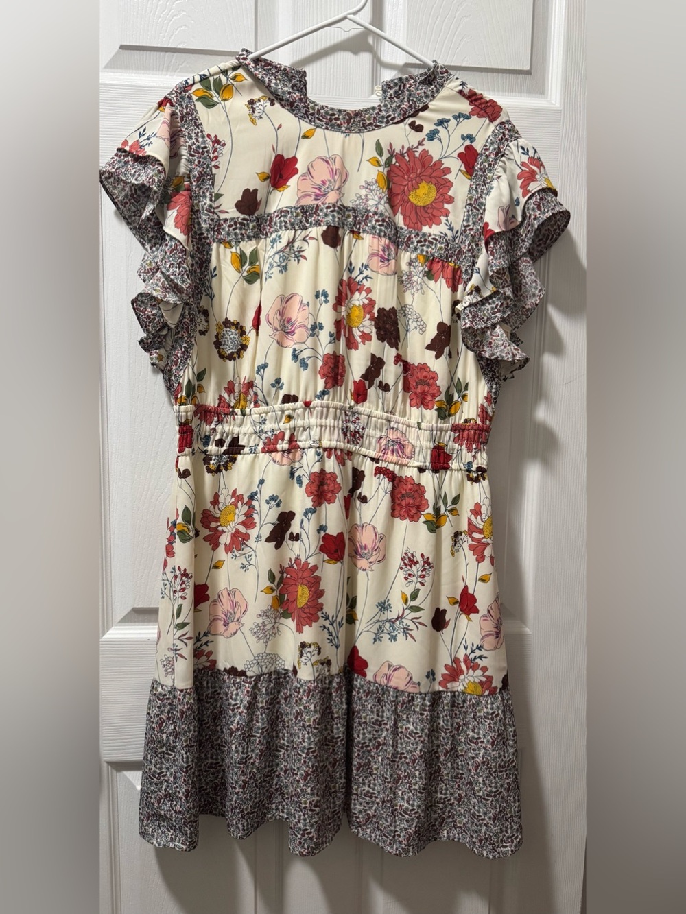 DR2 Cream Floral Dress with Red, Blue & Green Print